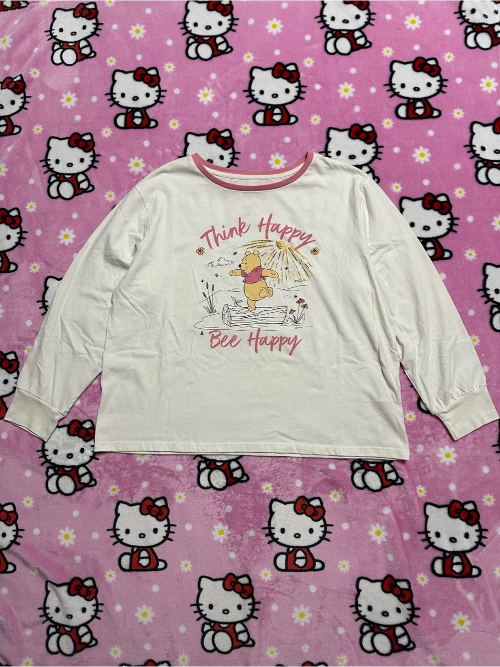 Disney Winnie the Pooh Cream Long Sleeve Tee "Think Happy Bee Happy"